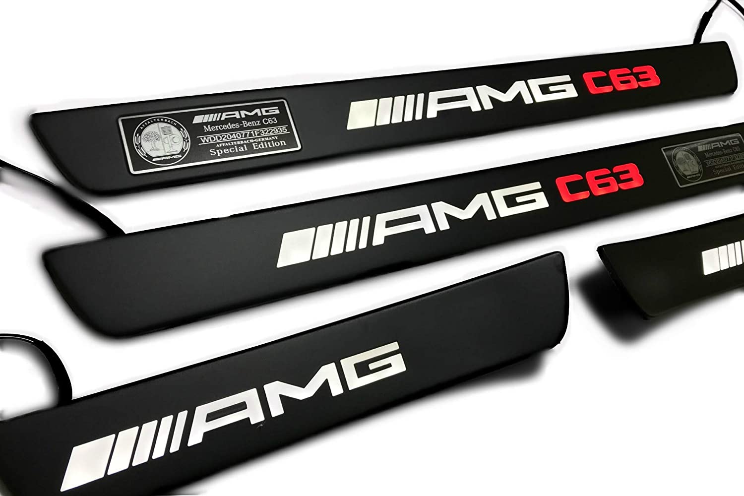 Black door sills LED Illuminated white with red AMG C63 sign for Mercedes W205 W204 W213 C Class - Custom Class
