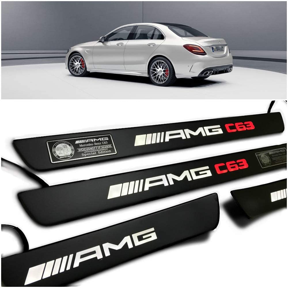 Black door sills LED Illuminated white with red AMG C63 sign for Mercedes W205 W204 W213 C Class - Custom Class