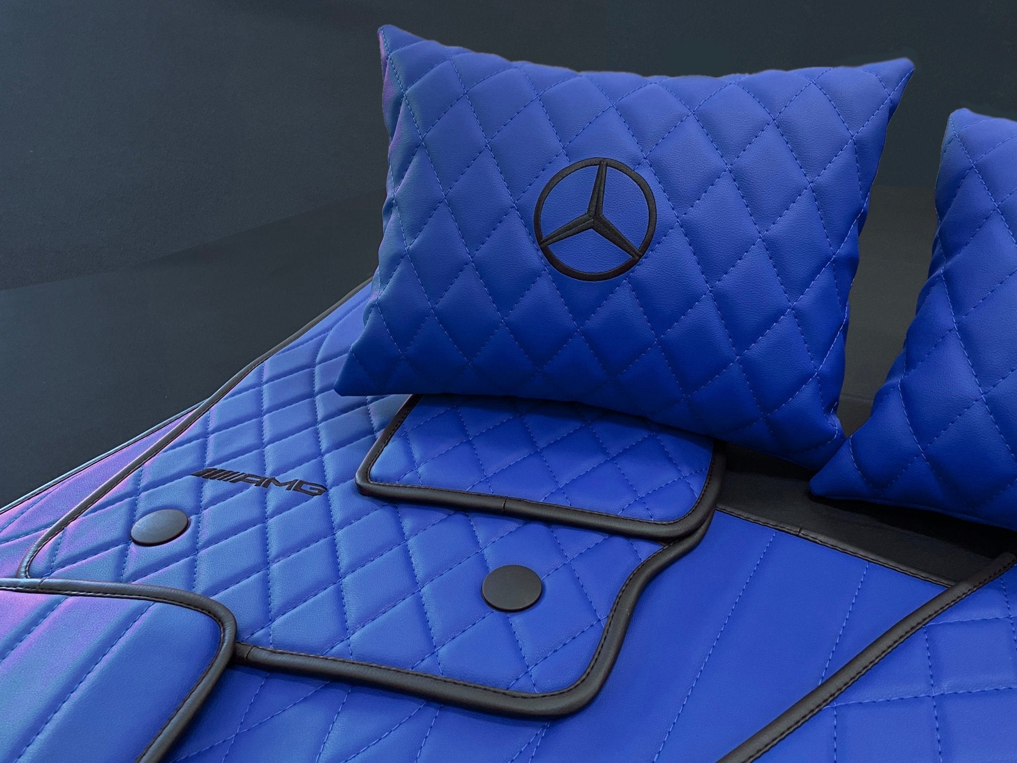 Mercedes-Benz W463A G63 G500 Floor Mats Soft Blue Leather Black Stitching Logo Emblem - Custom Class