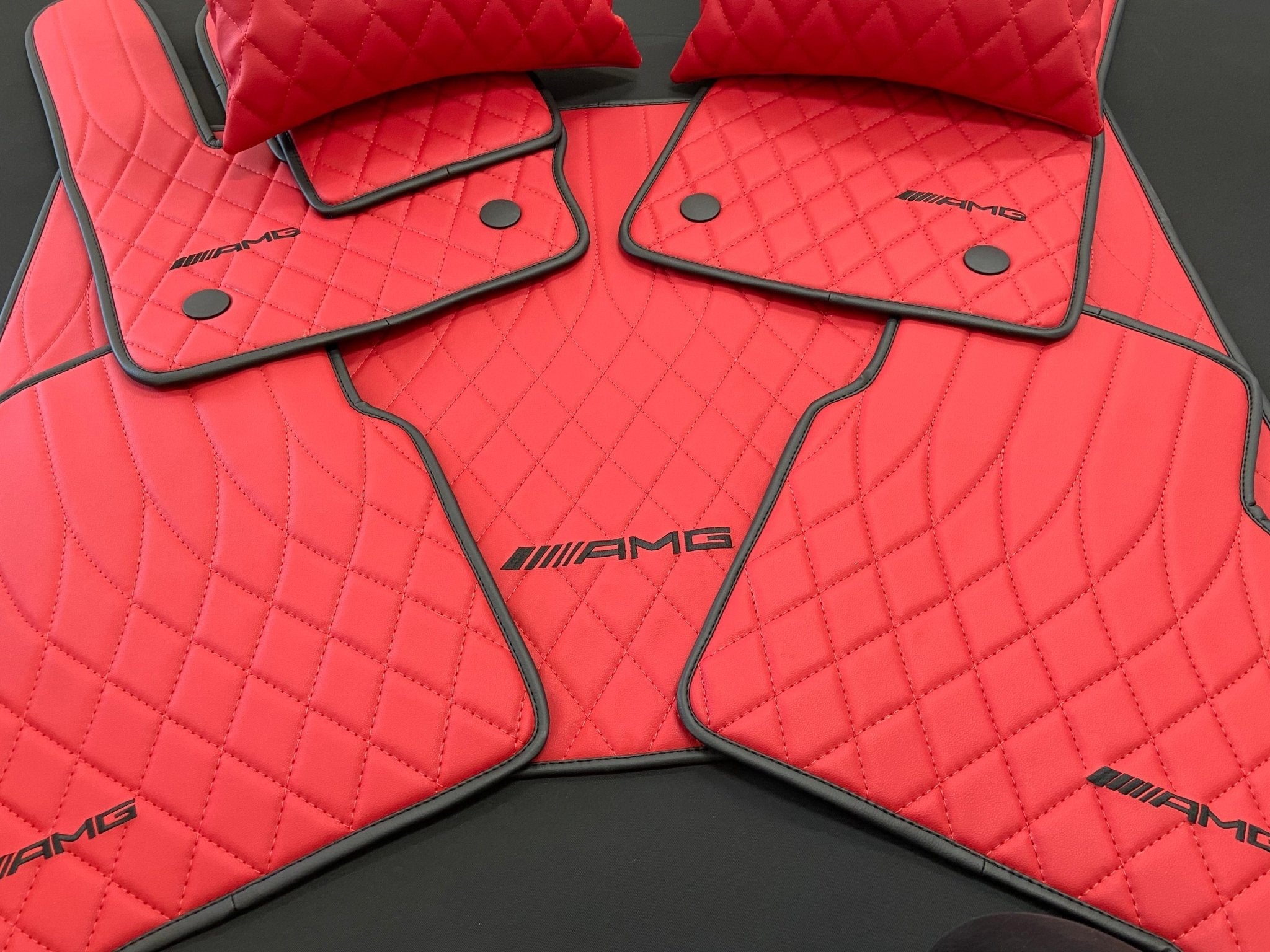 Mercedes-Benz W463A G63 G500 Floor Mats Soft Red Leather Black Stitching Logo Emblem - Custom Class