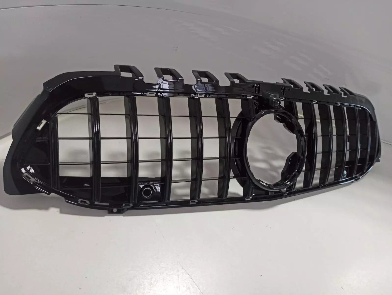 GT Chrome Black Front Grille with Camera for Mercedes CLA-Class C218 (2014-2018) by Custom Class, featuring Panamericana style and front camera compatibility.