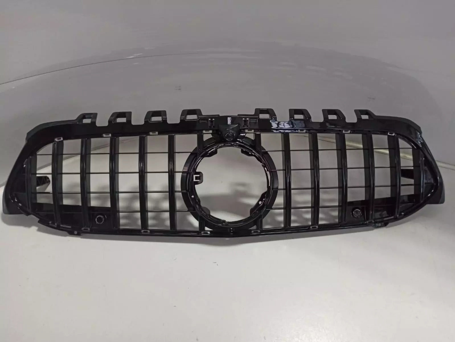 GT Chrome Black Front Grille with Camera for Mercedes CLA-Class C218 (2014-2018) by Custom Class, featuring Panamericana style and front camera compatibility.